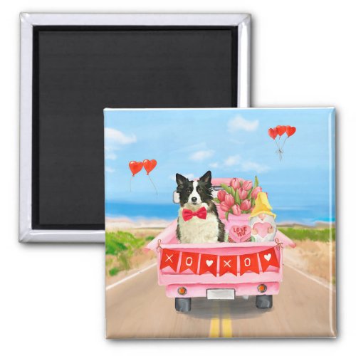 Border Collie Dog Valentines Day Truck Hearts Magnet