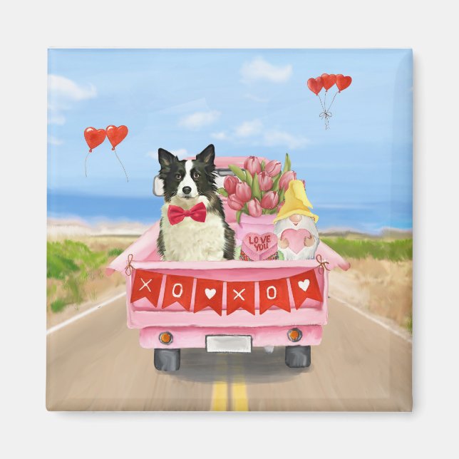 Border Collie Dog Valentine's Day Truck Hearts Magnet (Front)