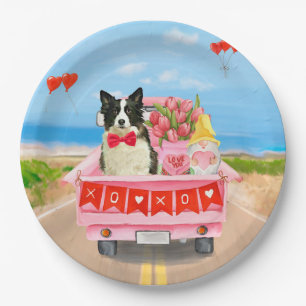 Border Collie Dog Valentine's Day Truck Hearts Paper Plates