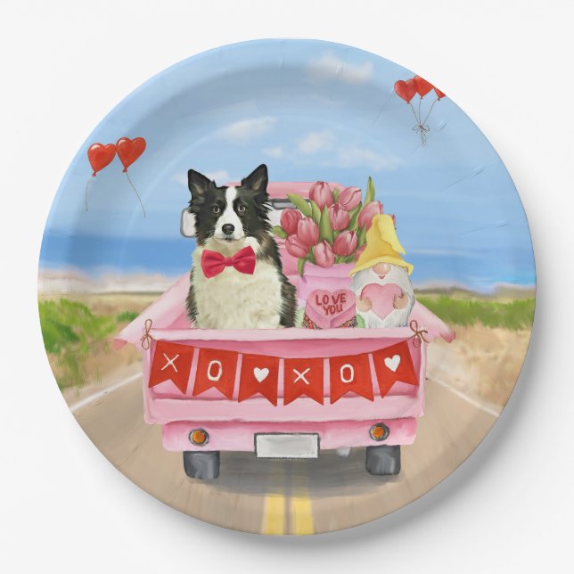 Border Collie Dog Valentine's Day Truck Hearts Paper Plates (Front)