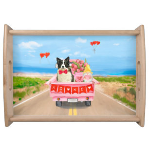 Border Collie Dog Valentine's Day Truck Hearts  Serving Tray