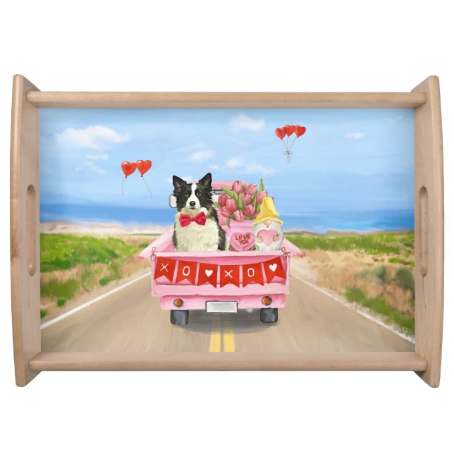 Border Collie Dog Valentine's Day Truck Hearts  Serving Tray (Front)