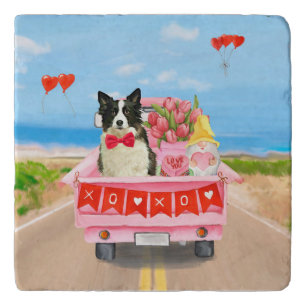 Border Collie Dog Valentine's Day Truck Hearts Trivet