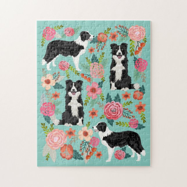 Border Collie Dog Vintage Florals Jigsaw Puzzle (Vertical)