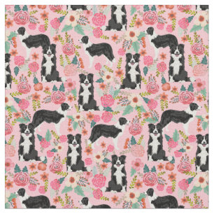 Border Collie dog vintage florals pink Fabric