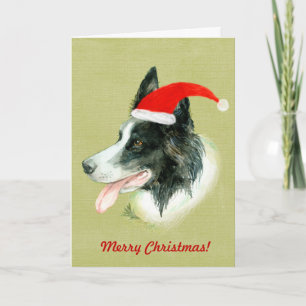 Border Collie Dog w Christmas Santa Hat Holiday Card