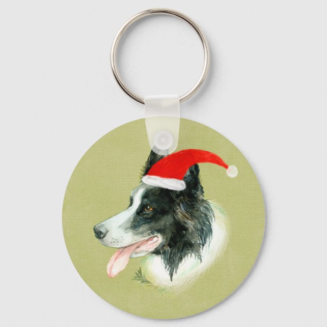 Border Collie Dog w Christmas Santa Hat Keychain (Front)