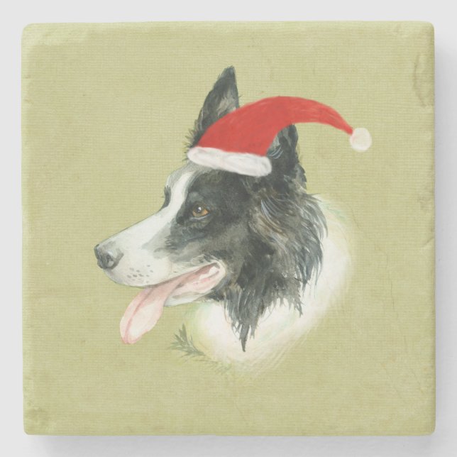 Border Collie Dog w Christmas Santa Hat Stone Coaster (Front)