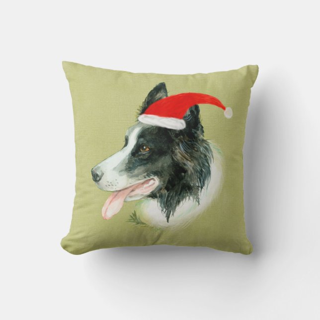 Border Collie Dog w Christmas Santa Hat Throw Pillow (Front)