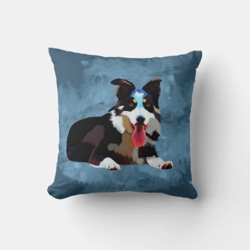 Border Collie Dog Watercolor Art Portrait Throw Pillow