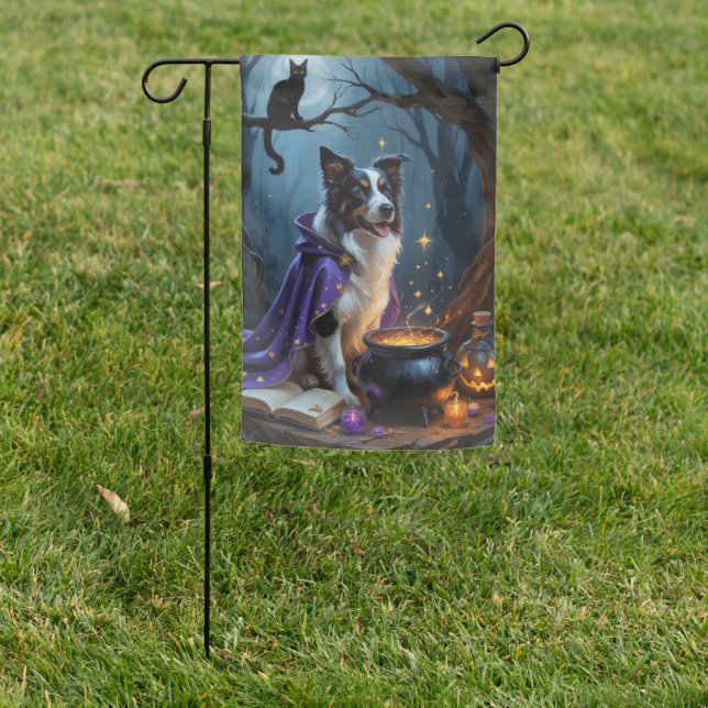 Border Collie Dog Whimsical Halloween Painting Garden Flag (In SItu)
