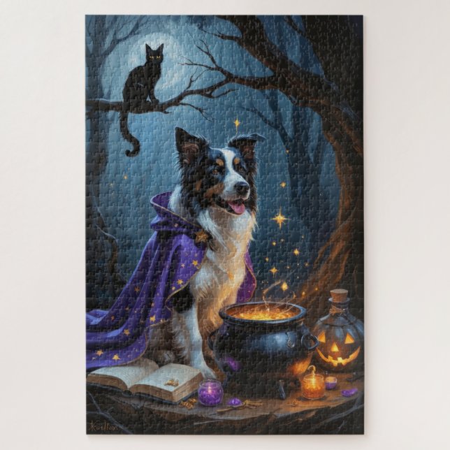 Border Collie Dog Whimsical Halloween Painting Jigsaw Puzzle (Vertical)