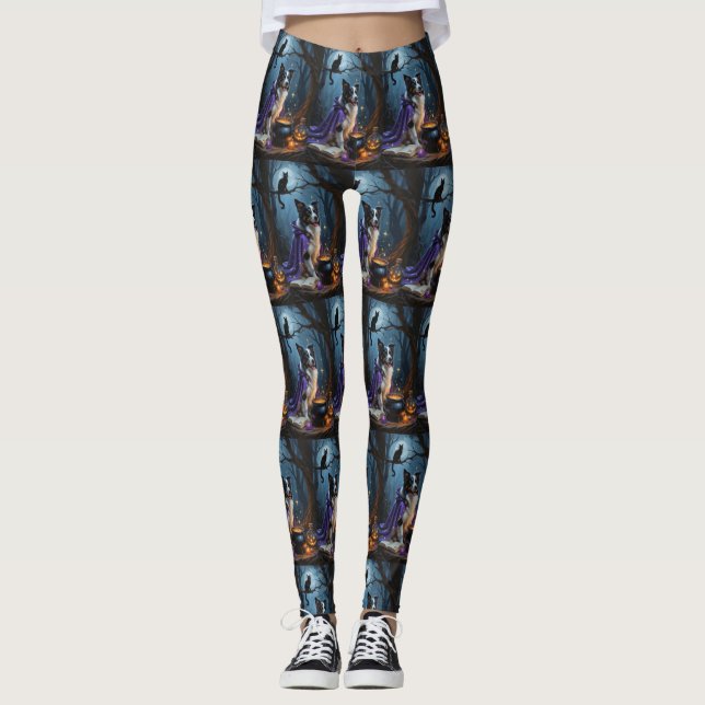 Border Collie Dog Whimsical Halloween Painting Leggings (Front)