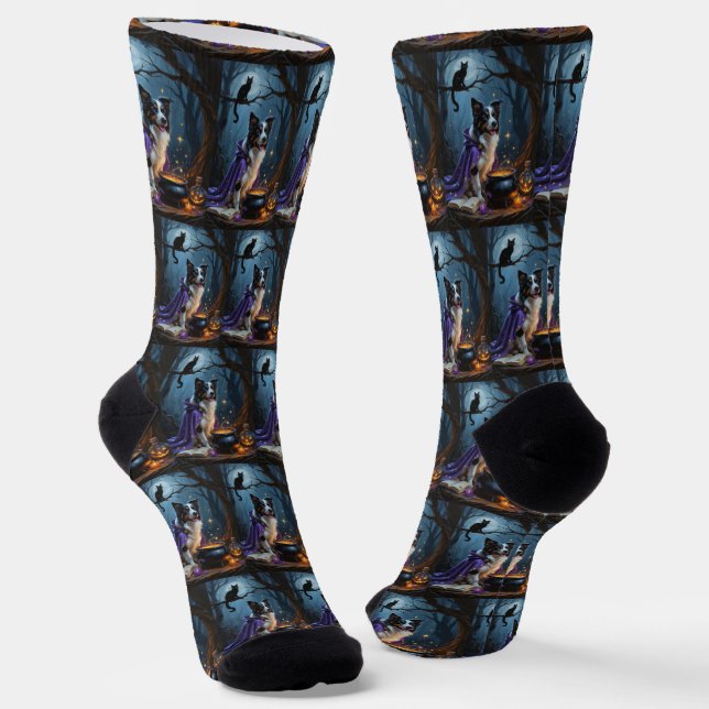 Border Collie Dog Whimsical Halloween Painting Socks (Angled)