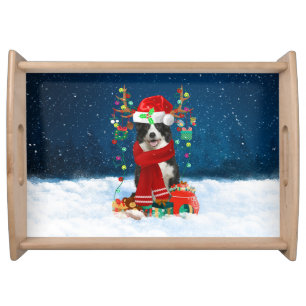Border Collie dog with Christmas gifts Serving Tray