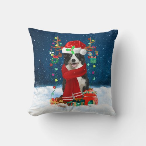 Border Collie dog with Christmas gifts Throw Pillow