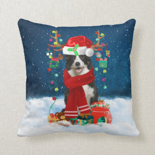 Border Collie dog with Christmas gifts Throw Pillow
