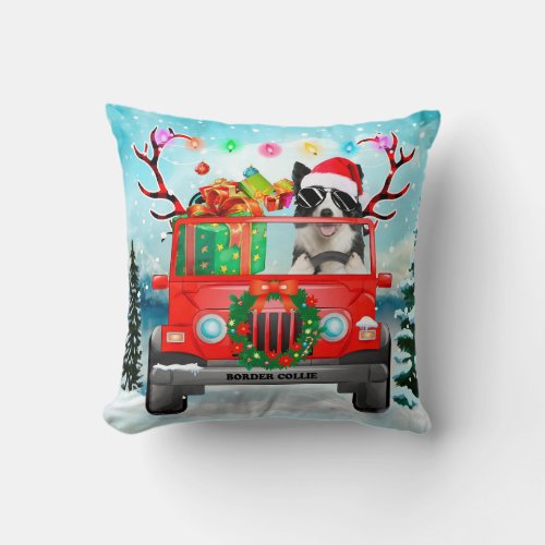 Border Collie dog with Christmas gifts Throw Pillow