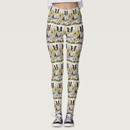 Border Collie Dog with Easter Eggs Holiday  Leggings