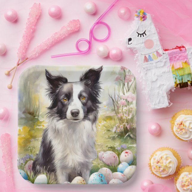 Border Collie Dog with Easter Eggs Holiday  Paper Plates (Party)