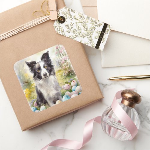 Border Collie Dog with Easter Eggs Holiday  Square Sticker
