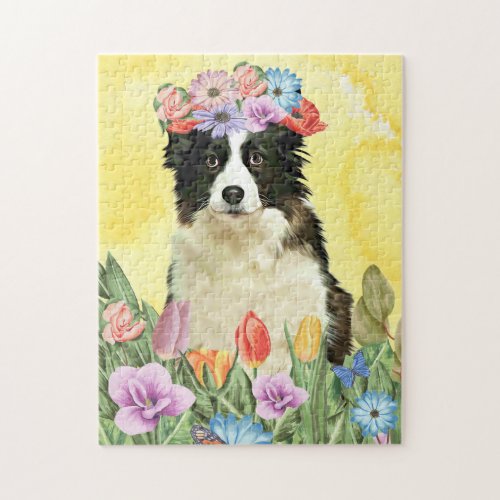 Border Collie Dog with Flowers Spring Jigsaw Puzzle