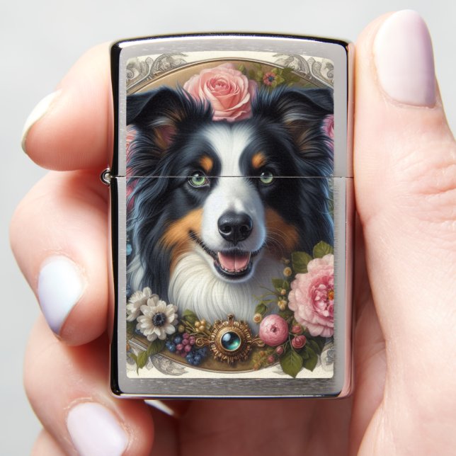 Border Collie Dog with Flowers Zippo Lighter (In Hand)