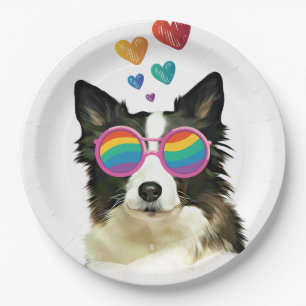 Border Collie  Dog with Hearts Valentine's Day Paper Plates