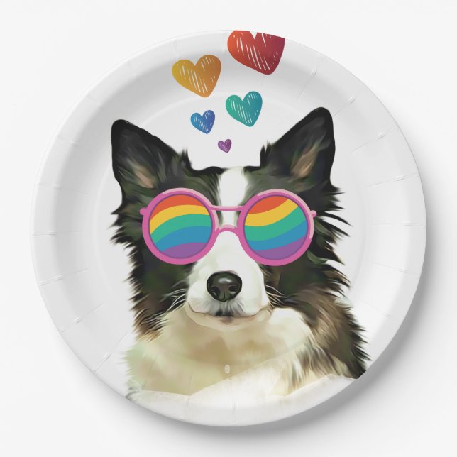 Border Collie  Dog with Hearts Valentine's Day Paper Plates (Front)
