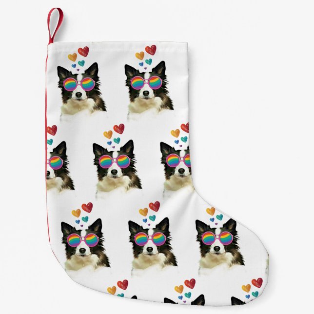 Border Collie  Dog with Hearts Valentine's Day  Small Christmas Stocking (Front)