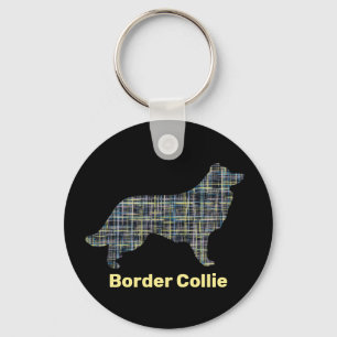 Border Collie Dog Yellow & Black Grid Line Keychain