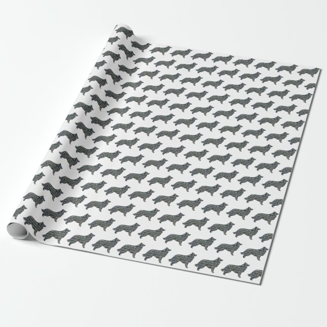 Border Collie Dog Yellow & Black Grid Line White Wrapping Paper (Unrolled)