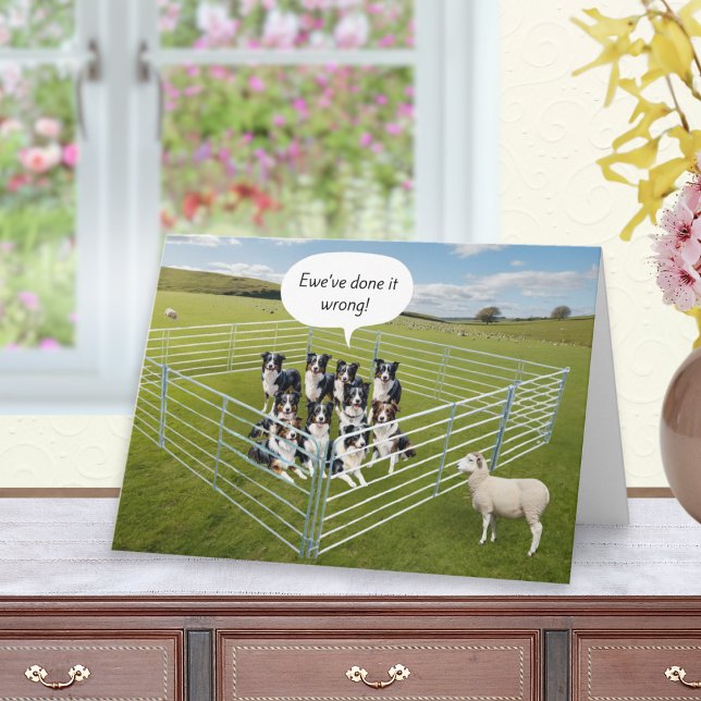 Border Collie Dogs and Sheep Funny Birthday Card (A funny birthday card with role reversal of sheep and border collie sheepdogs)