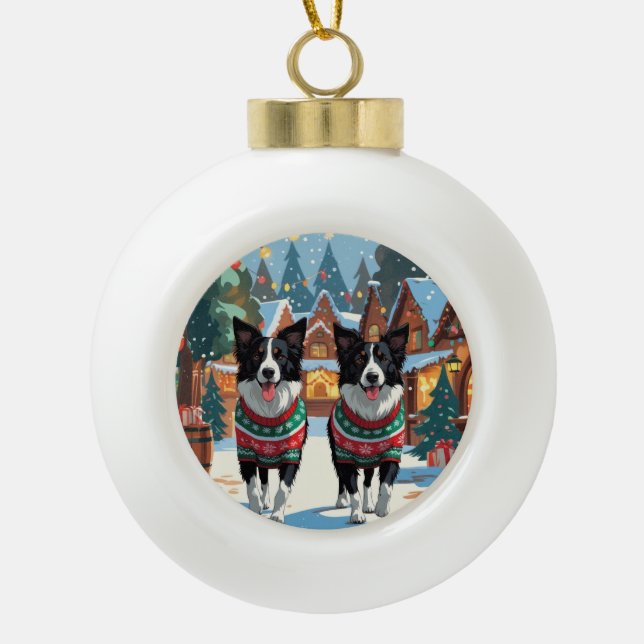 Border Collie Dogs Christmas Snow Holiday Ceramic Ball Christmas Ornament (Front)