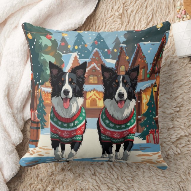 Border Collie Dogs Christmas Snow Holiday Throw Pillow (Blanket)