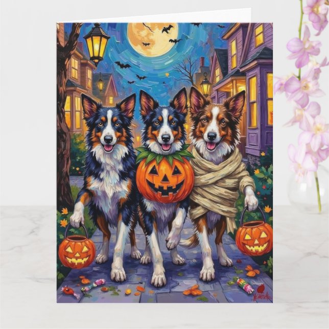 Border Collie Dogs Trick-or-Treating in Halloween  Card (Orchid)