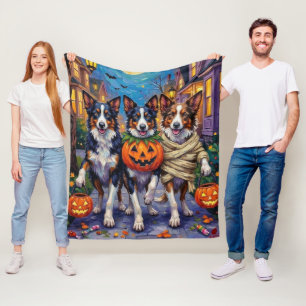 Border Collie Dogs Trick-or-Treating in Halloween Fleece Blanket