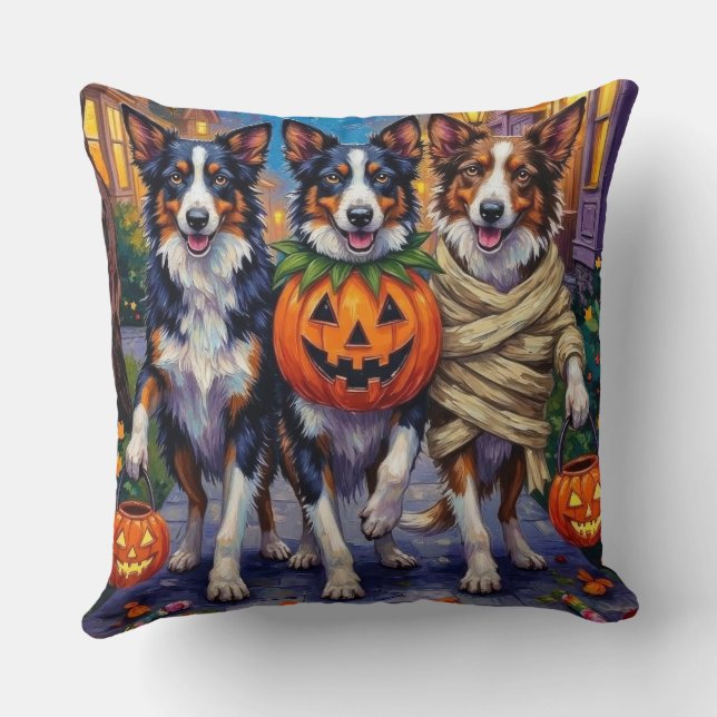 Border Collie Dogs Trick-or-Treating in Halloween  Throw Pillow (Back)