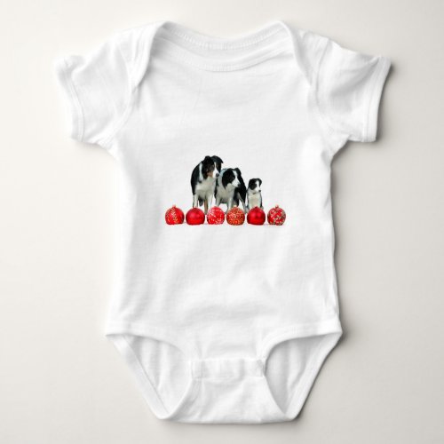 Border Collie Dogs with Red Christmas Ornaments Baby Bodysuit