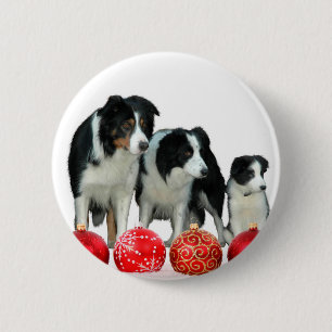 Border Collie Dogs with Red Christmas Ornaments Button