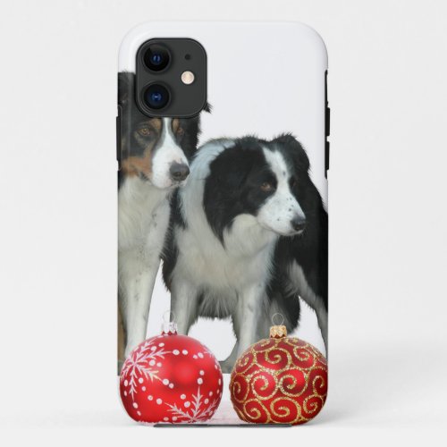 Border Collie Dogs with Red Christmas Ornaments iPhone 11 Case