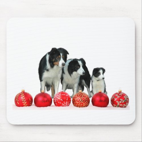 Border Collie Dogs with Red Christmas Ornaments Mouse Pad