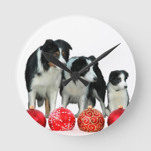 Border Collie Dogs with Red Christmas Ornaments Round Clock