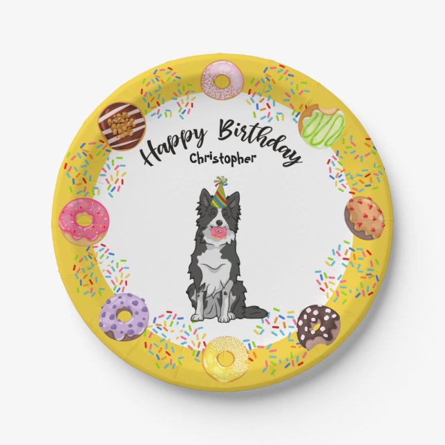 Border Collie Donuts Birthday Party Paper Plate (Front)