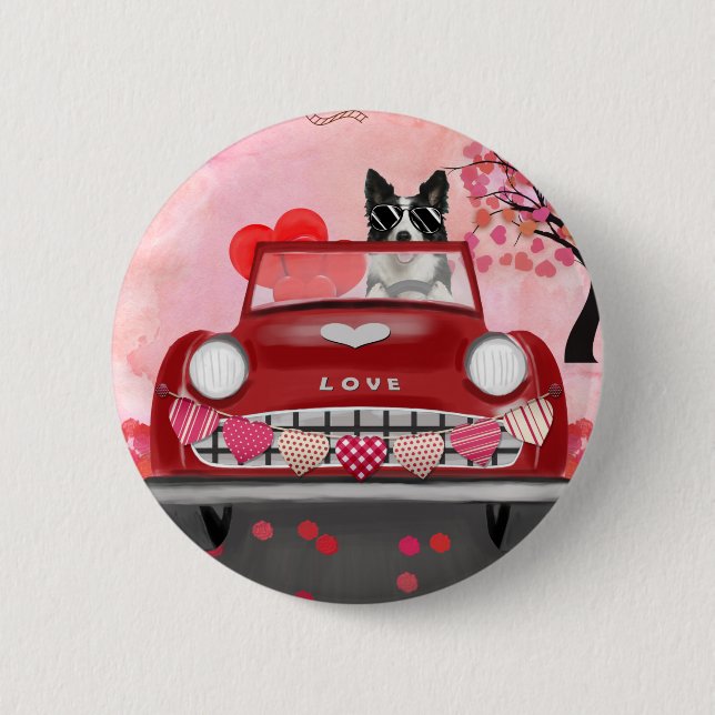 Border Collie Driving Car with Hearts Valentine's  Button (Front)
