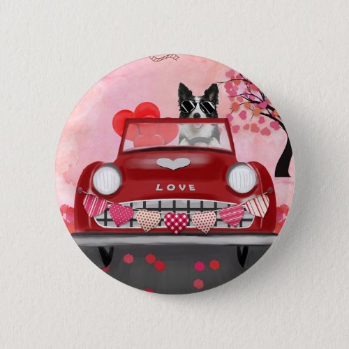 Border Collie Driving Car with Hearts Valentines  Button