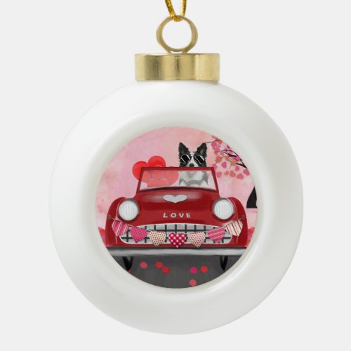 Border Collie Driving Car with Hearts Valentines Ceramic Ball Christmas Ornament