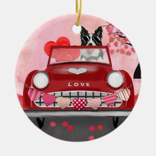 Border Collie Driving Car with Hearts Valentines Ceramic Ornament