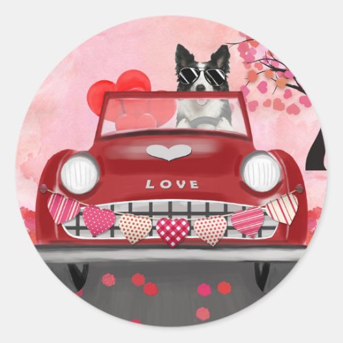 Border Collie Driving Car with Hearts Valentines  Classic Round Sticker