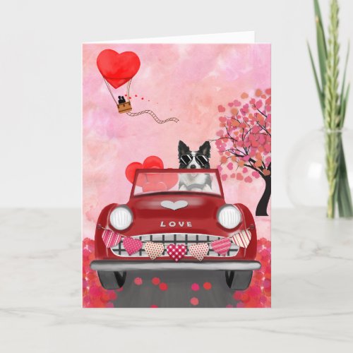 Border Collie Driving Car with Hearts Valentines  Holiday Card